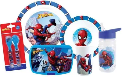 Zdjęcie produktu dla Zestaw Naczyń Dziecięcych Spiderman, Talerz 22cm i 16cm, Bidon 350ml, Lunchbox, Szklanka 220ml, Sztućce