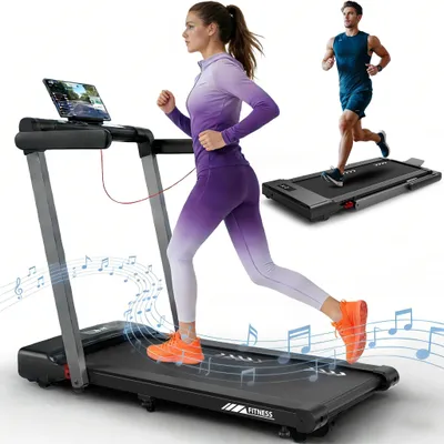 Image de Tapis de course 3 en 1 - Tapis de course électrique pliable - Moteur silencieux de 2,5 chevaux - Haut-parleur Bluetooth - Vitesse maximale de 12 km/h et 12 programmes - Écran LED - Surface de course compacte de 80–120 x 30–50 cm - Idéal pour la maison et le bureau