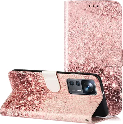 Produktbild von CLM-Tech Hülle kompatibel mit Xiaomi 12T / Xiaomi 12T Pro - Tasche aus Kunstleder - Klapphülle mit Ständer und Kartenfächern, Glitzer rosegold