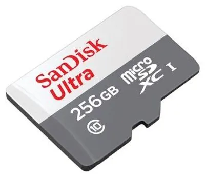 Zdjęcie produktu dla SanDisk Ultra, 256 GB, MicroSDXC, Klasa 10, UHS-I, 100 MB/s, Szary, Biały