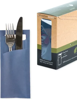 Produktbild von Bestecktasche Prime Fit in Dunkelblau 85 x 190 mm, mit 2-lagiger Tissue-Serviette in Weiß -100 Stück