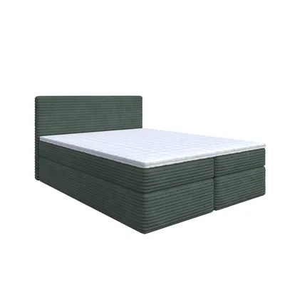 A green upholstered bed with a white mattress and topper, shown from a three-quarter angle against a white background.