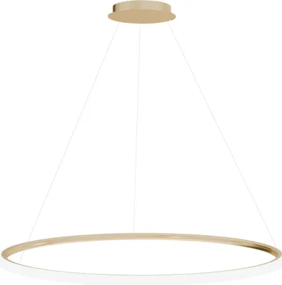 A gold circular pendant light fixture suspended by thin wires against a white background.