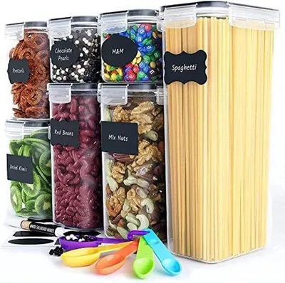 Produktbild von Luftdichte Vorratsdosen – 7 Stück - Vorratsdosen & Behälter – BPA-freies Kunststofflagern mit Deckeln für Muesli, Blumen & Zucker - Set Etiketten, Pinsel & Löffel