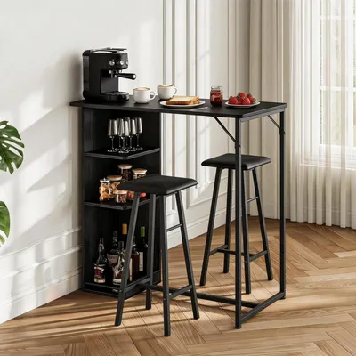 Produktbild von Bartisch Set 3-teilig mit 2 Hockern, Industrie Stil, Schwarz, mit Stauraum