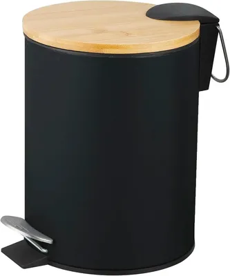 Image de Poubelle ronde pour salle de bain - Modèle à couvercle basculant - 3 litres - Métal - Avec pédale - Bac intérieur amovible - Couvercle en bambou - Noir