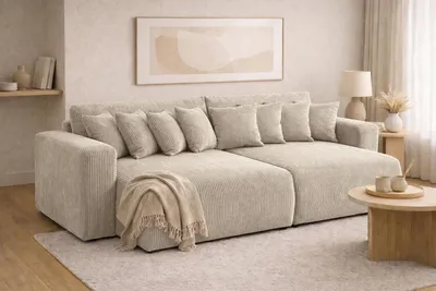 Image de Canapé-lit avec coffre de rangement, tissu velours côtelé Poso, beige foncé, PIANO DOUBLE