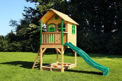 Imagen del producto de AXI Sarah Casa infantil de Madera con arenero y Tobogan verde | Casita de Juegos para ninos de Jardin / exterior | Parque infantil en Marron y