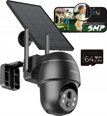 A solar-powered security camera with a phone displaying a live feed of a child in a yard.