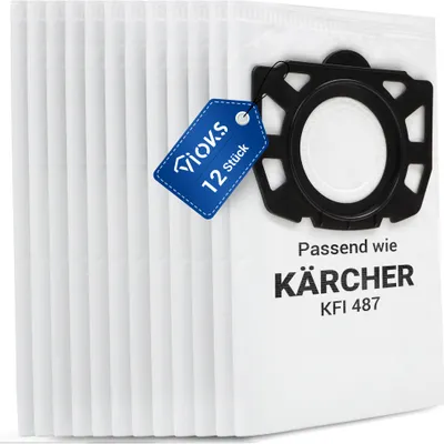 A stack of white vacuum cleaner bags with a blue tag and a black plastic adapter in the foreground.