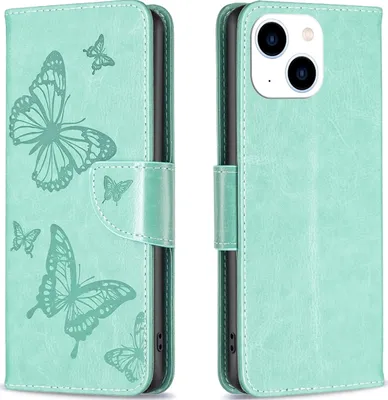 Produktbild von Mobigear Butterfly iPhone 15 Hülle Klapphülle Geldbörse - Grün