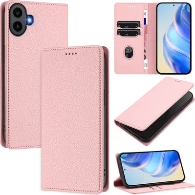 Produktbild von Litchi Leder Handyhülle für Nothing CMF Phone 1 Wallet Kartenfächer Standfunktion Hülle Pink
