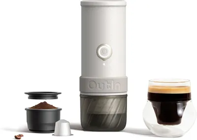 Produktbild von OutIn Mino Tragbare Elektrische Espressomaschine, Hochleistungsversion, Mini Camping Kaffeemaschine für Reisen, Taschenformat mit USB-C Selbstheizung