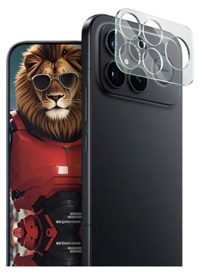 A black smartphone with a camera lens protector on the back, displaying a lion wearing sunglasses on its screen.