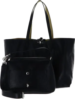 Image de U.S. POLO ASSN. sac shopper sac à épaule Axtell Reversible Shopping Bag Black + Warm Taupe Crocco noir kaki