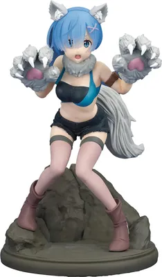 A figurine of a character with blue hair, wolf ears, and a tail, wearing a black and blue outfit and large paw-like gloves, standing on a rocky base.