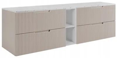 Produktbild von RODAN | Waschbeckenunterschrank 140 cm - Kaschmir - weißes Regal - Hängender Waschtisch - Soft-Close - Arbeitsplatte in Weißmarmoroptik