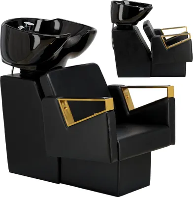 Produktbild von Friseurwaschplatz Tomas Gold für Friseursalon & Barbershop - Waschsessel mit verstellbarem Keramikbecken, Armatur & Brause