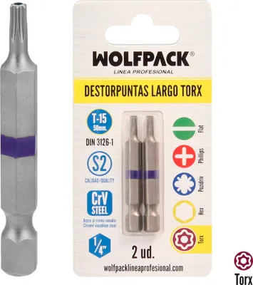Imagen del producto de Wolfpack: Juego de dos destornilladores Torx T15, fabricados en acero S2 al cromo vanadio