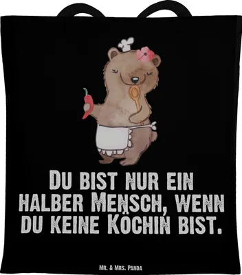 Produktbild von Mr. & Mrs. Panda Shopping Tasche Köchin Herz - Schwarz - Geschenk, Witzig, Uni, Restaurant, Chefköchin, Tote Bag, Laptoptasche, Spruch, Jutebeutel, Lustig