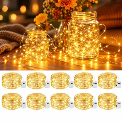 Produktbild von 10 Stück LED Mini-Lichterkette – 2 Meter lang mit 20 LEDs, warmweiß, batteriebetrieben, Kupferdraht, E0706
