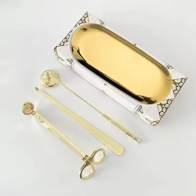 Produktbild von 4-teiliges Kerzenzubehör Set, Edelstahl, goldfarben, mit Dochtschere, Dochtzieher, Kerzendeckel