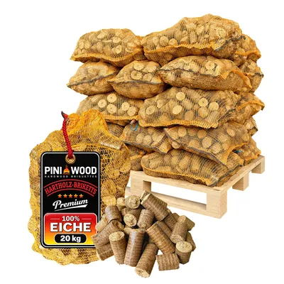 Produktbild von PINI Hartholzbriketts 100% Eiche in Raschelsäcken 500 kg Palette Kamin Grill