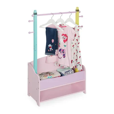 Produktbild von Relaxdays Kinder Kleiderständer, Kleiderstange Kinderzimmer, 4 Haken, 2 Ablagen, HBT: 100,5x71x30 cm, Garderobe, bunt