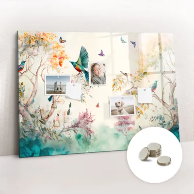 Obrázek produktu pro Magnetická Tabule na Zeď Skleněná - Memo Board Kleněnou Přední Stranou - 5 magnetů v balení - 100x70 cm - Květiny ptáci příroda
