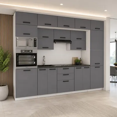 Produktbild von ULWEHOME | Küchenzeile 300 cm Anthrazit, Küchenmöbel-Set Grafit mit Backofen-Mikrowellenschrank, Vorratsschrank & geteilten Arbeitsplatten 120 cm, KI-generiertes Bild