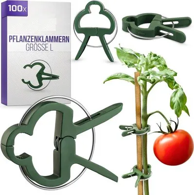 Produktbild von Famanu Pflanzenclips für Tomaten – Robuste Halter für Pflanzen – 100 Stück große Pflanzenclips