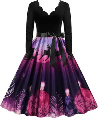 Produktbild von Damen Vintage Langarm V-Ausschnitt Weihnachten 50er Jahre Hausfrau Abend Ball Party Strandkleid Winterkleid Damen Festlich Sommerkleid Damen Große Größen Damen Zweiteiler Elegant Kleid (XL)