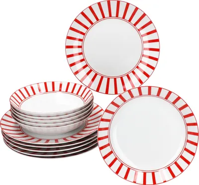 Immagine prodotto di Split rosso strisce 12pcs servizio cena porcellana 6 pers piatto cena piatto fondo a strisce