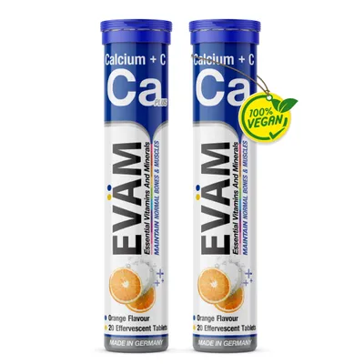Produktbild von EVÄM Calcium + Vitamin C 800mg/160mg Brausetabletten – 2er Set, 40 Tbl, Vegan, Germany, Knochen & Immunsystem, Zuckerfrei, Doppelpack, Orangen