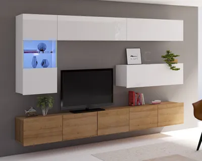Produktbild von Wohnwand Amanda III Schrankwand mit Vitrine zwei tv-Schränke Oberschrank Gesamtbreite 255cm (Weiß matt + Weiß Hochglanz Fronten / Goldene Eiche)