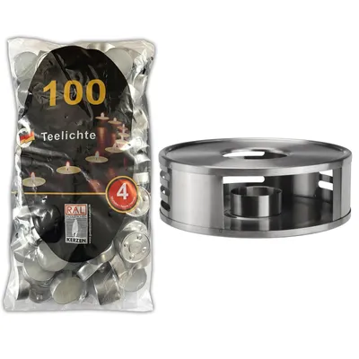 Produktbild von Edelstahl Stövchen mit Teelichthalter Inkl. 100 Teelichter Teewärmer Speisenwärmer Tee Kaffee Warmhalteplatte Teekanne Kaffeekanne