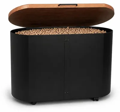 Produktbild von Pellettruhe Pelletwagen mit Holzdeckel - schwarzer Design-Pelletbehälter rollbar