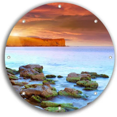 Produktbild von Wallario rundes Outdoor-Poster für Garten oder Balkon, Motiv Sonnenaufgang am Meer mit Landzunge und Felsen im Wasser, 30 cm Durchmesser