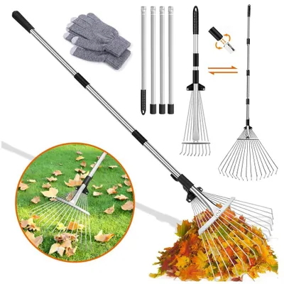 Productafbeelding van Bladhark gazonhark tuinhark - Verstelbare steel 2,15 m - Werkbreedte 20 tot 37 cm - Roestvrij staal met handschoenen - Voor tuin en gazon