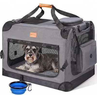 Produktbild von Transportbox Hund Katze Transporttasche M 60x42x42cm, Hundebox Auto Faltbare Hundetransportbox, robust Haustier-Transportbox inkl. Hundenapf & Schultergurt, Dunkelgrau