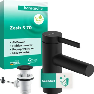 Productafbeelding van Hansgrohe Zesis S wastafelmengkraan met één hendel, model 70 CoolStart, met afvoerputje met trekstang, matzwart