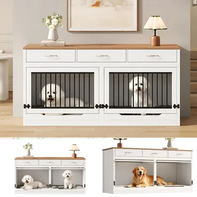 Produktbild von Hundebox für zwei Hunde, 164 x 60 x 81 cm, mit herausnehmbarer Trennwand und 3 Schubladen, Weiß mit Holzoptik