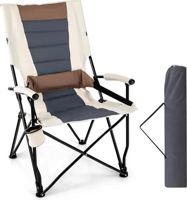 A folding camping chair with a carrying bag next to it.