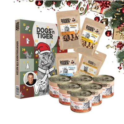 Produktbild von Dogs’n Tiger- Guido Maria Kretschmer Adventskalender Katzen Box | Monoprotein | Pute | Premium Fleischmahlzeiten & Snacks | Adventskalender Katze