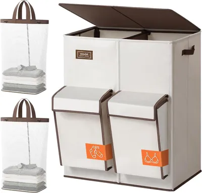 Image de Panier à linge avec couvercle - Panier à linge sale - Pour trier le linge - Grande capacité - 180 litres - Beige
