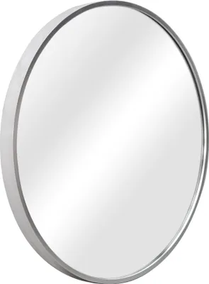 A round mirror with a silver frame is shown against a white background.