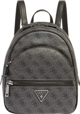 A studio shot of a gray Guess backpack with a repeating logo pattern.