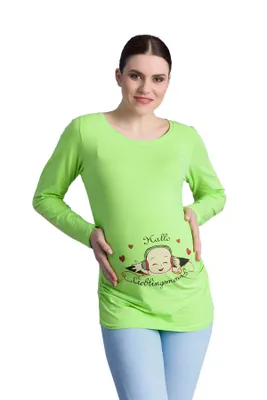 Productafbeelding van Zwangerschapsshirt lange mouw hallo lievelingsmens – zwangerschapskleding dames, 95% katoen, groen, maat M