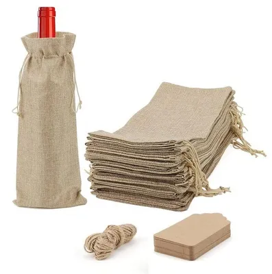 Imagen del producto de Conjunto de 30 bolsas de yute para regalo de vino, con cordón de cáñamo