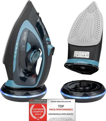 A cordless steam iron and its charging base are displayed against a white background, along with award badges.